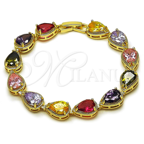 Oro Laminado Tennis Bracelet, Gold Filled Style Teardrop Design, with Multicolor Cubic Zirconia, Diamond Cutting Finish, Golden Finish, 03.283.0519.07