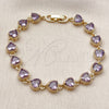 Oro Laminado Tennis Bracelet, Gold Filled Style Heart Design, with Amethyst Cubic Zirconia, Polished, Golden Finish, 03.283.0520.07