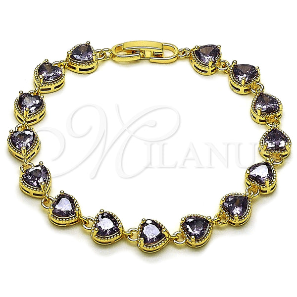 Oro Laminado Tennis Bracelet, Gold Filled Style Heart Design, with Amethyst Cubic Zirconia, Polished, Golden Finish, 03.283.0520.07