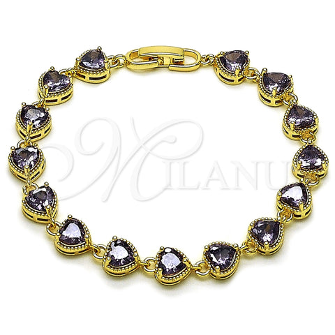 Oro Laminado Tennis Bracelet, Gold Filled Style Heart Design, with Amethyst Cubic Zirconia, Polished, Golden Finish, 03.283.0520.07
