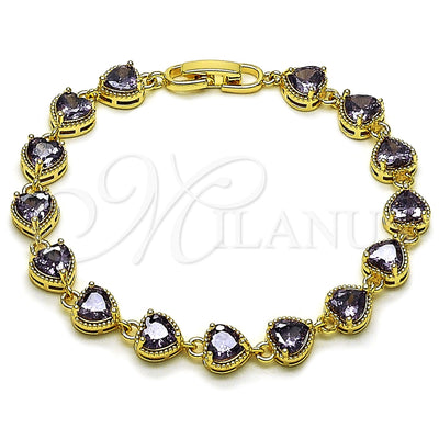 Oro Laminado Tennis Bracelet, Gold Filled Style Heart Design, with Amethyst Cubic Zirconia, Polished, Golden Finish, 03.283.0520.07 (Thickness, 8 Inches Length)