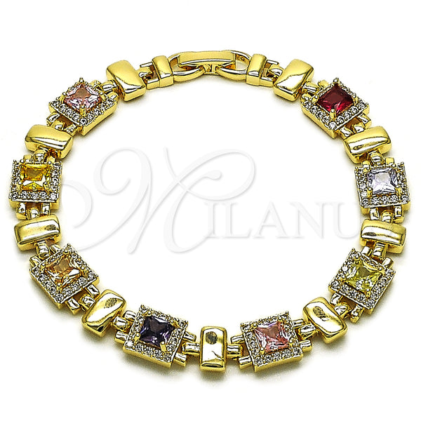 Oro Laminado Tennis Bracelet, Gold Filled Style Cluster Design, with Multicolor and White Cubic Zirconia, Polished, Golden Finish, 03.283.0521.08 (Thickness, 8 Inches Length)