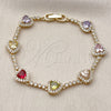 Oro Laminado Tennis Bracelet, Gold Filled Style Heart and Cluster Design, with Multicolor and White Cubic Zirconia, Polished, Golden Finish, 03.283.0524.07