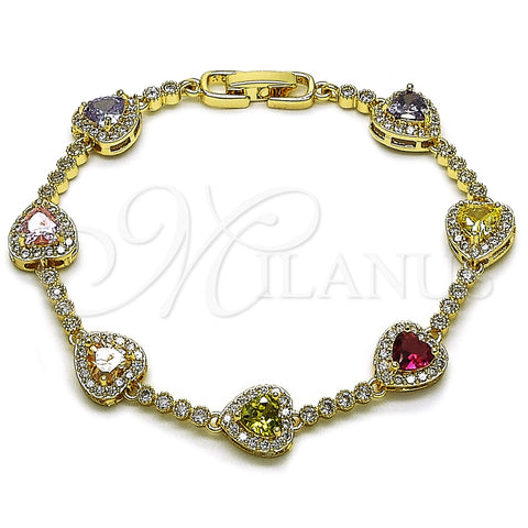 Oro Laminado Tennis Bracelet, Gold Filled Style Heart and Cluster Design, with Multicolor and White Cubic Zirconia, Polished, Golden Finish, 03.283.0524.07