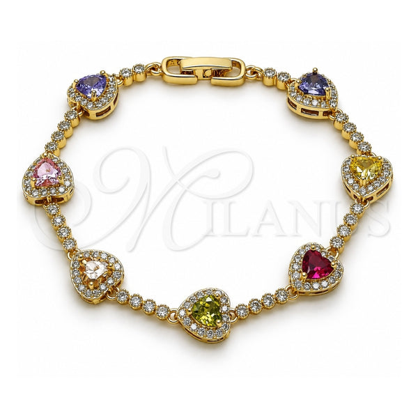 Oro Laminado Tennis Bracelet, Gold Filled Style Heart and Cluster Design, with Multicolor and White Cubic Zirconia, Polished, Golden Finish, 03.283.0524.07 (Thickness, 8 Inches Length)