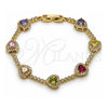 Oro Laminado Tennis Bracelet, Gold Filled Style Heart and Cluster Design, with Multicolor and White Cubic Zirconia, Polished, Golden Finish, 03.283.0524.07 (Thickness, 8 Inches Length)