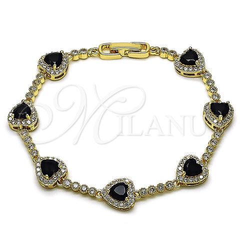 Oro Laminado Tennis Bracelet, Gold Filled Style Heart and Cluster Design, with Black and White Cubic Zirconia, Polished, Golden Finish, 03.283.0524.1.07