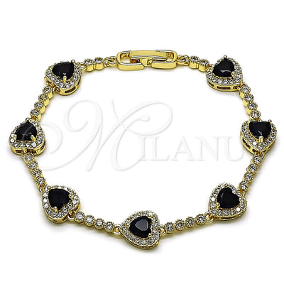 Oro Laminado Tennis Bracelet, Gold Filled Style Heart and Cluster Design, with Black and White Cubic Zirconia, Polished, Golden Finish, 03.283.0524.1.07 (Thickness, 8 Inches Length)