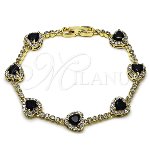 Oro Laminado Tennis Bracelet, Gold Filled Style Heart and Cluster Design, with Black and White Cubic Zirconia, Polished, Golden Finish, 03.283.0524.1.07 (Thickness, 8 Inches Length)