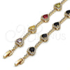 Oro Laminado Tennis Bracelet, Gold Filled Style Heart and Cluster Design, with Black and White Cubic Zirconia, Polished, Golden Finish, 03.283.0524.1.07 (Thickness, 8 Inches Length)