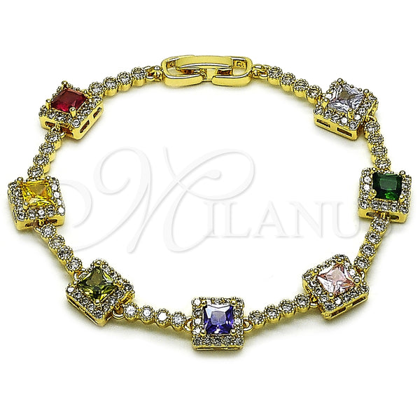 Oro Laminado Tennis Bracelet, Gold Filled Style Cluster Design, with Multicolor and White Cubic Zirconia, Polished, Golden Finish, 03.283.0526.07