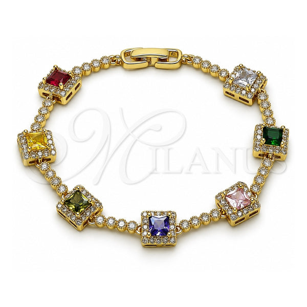 Oro Laminado Tennis Bracelet, Gold Filled Style Cluster Design, with Multicolor and White Cubic Zirconia, Polished, Golden Finish, 03.283.0526.07 (Thickness, 8 Inches Length)