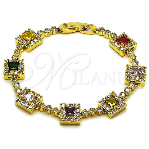 Oro Laminado Tennis Bracelet, Gold Filled Style Cluster Design, with Multicolor and White Cubic Zirconia, Polished, Golden Finish, 03.283.0527.07 (Thickness, 7 Inches Length)