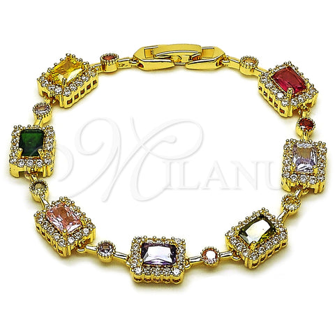 Oro Laminado Tennis Bracelet, Gold Filled Style Cluster Design, with Multicolor and White Cubic Zirconia, Polished, Golden Finish, 03.283.0528.07
