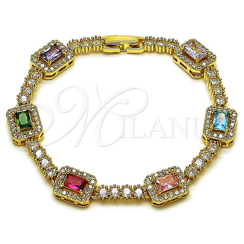 Oro Laminado Tennis Bracelet, Gold Filled Style Cluster Design, with Multicolor and White Cubic Zirconia, Polished, Golden Finish, 03.283.0529.07