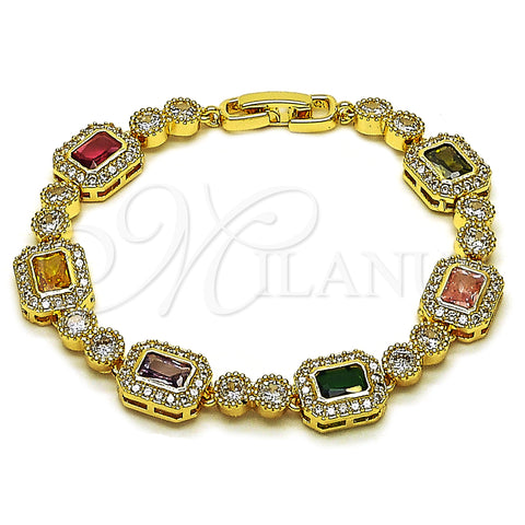 Oro Laminado Tennis Bracelet, Gold Filled Style Baguette and Cluster Design, with Multicolor and White Cubic Zirconia, Polished, Golden Finish, 03.283.0530.07 (Thickness, 7 Inches Length)