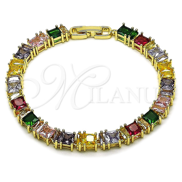Oro Laminado Tennis Bracelet, Gold Filled Style Baguette Design, with Multicolor Cubic Zirconia, Polished, Golden Finish, 03.283.0531.1.07
