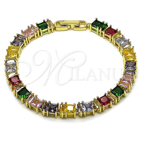 Oro Laminado Tennis Bracelet, Gold Filled Style Baguette Design, with Multicolor Cubic Zirconia, Polished, Golden Finish, 03.283.0531.1.07