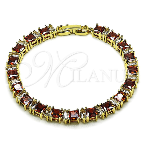 Oro Laminado Tennis Bracelet, Gold Filled Style Baguette Design, with Garnet and White Cubic Zirconia, Polished, Golden Finish, 03.283.0531.2.07