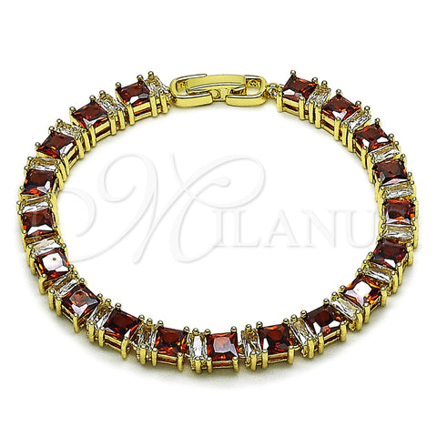 Oro Laminado Tennis Bracelet, Gold Filled Style Baguette Design, with Garnet and White Cubic Zirconia, Polished, Golden Finish, 03.283.0531.2.07 (Thickness, 7 Inches Length)