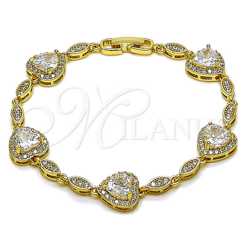 Oro Laminado Tennis Bracelet, Gold Filled Style Heart and Cluster Design, with White Cubic Zirconia, Polished, Golden Finish, 03.283.0532.08 (Thickness, 8 Inches Length)