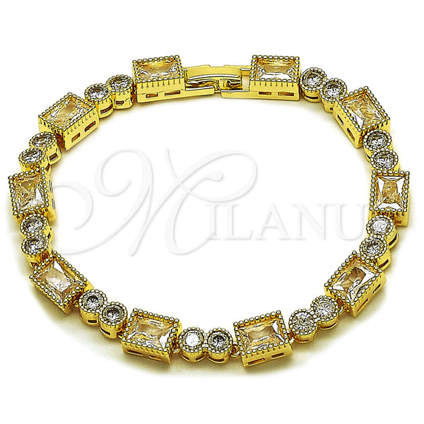 Oro Laminado Tennis Bracelet, Gold Filled Style Baguette Design, with White Cubic Zirconia, Polished, Golden Finish, 03.283.0540.08 (07 MM Thickness, 8 Inches Length)