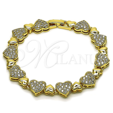 Oro Laminado Tennis Bracelet, Gold Filled Style Heart Design, with White Cubic Zirconia, Polished, Golden Finish, 03.283.0541.07