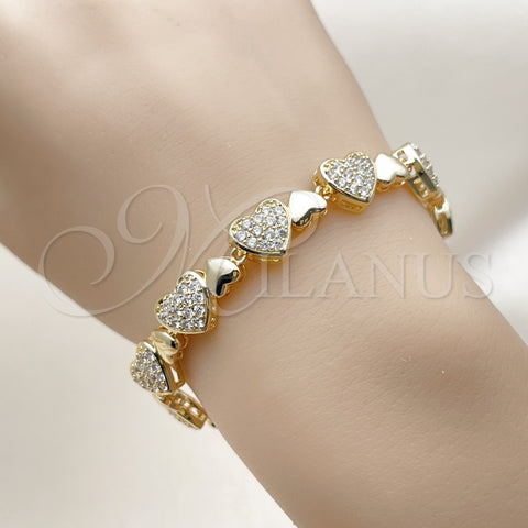 Oro Laminado Tennis Bracelet, Gold Filled Style Heart Design, with White Cubic Zirconia, Polished, Golden Finish, 03.283.0541.07 (Thickness, 7 Inches Length)