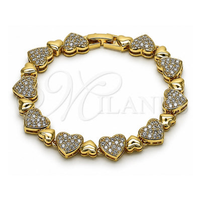 Oro Laminado Tennis Bracelet, Gold Filled Style Heart Design, with White Cubic Zirconia, Polished, Golden Finish, 03.283.0541.07 (Thickness, 7 Inches Length)