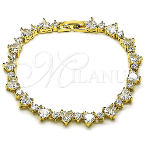Oro Laminado Tennis Bracelet, Gold Filled Style Heart Design, with White Cubic Zirconia, Polished, Golden Finish, 03.283.0543.07