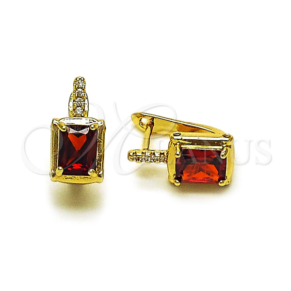 Oro Laminado Leverback Earring, Gold Filled Style Baguette Design, with Garnet Cubic Zirconia and White Micro Pave, Polished, Golden Finish, 02.283.0303.12