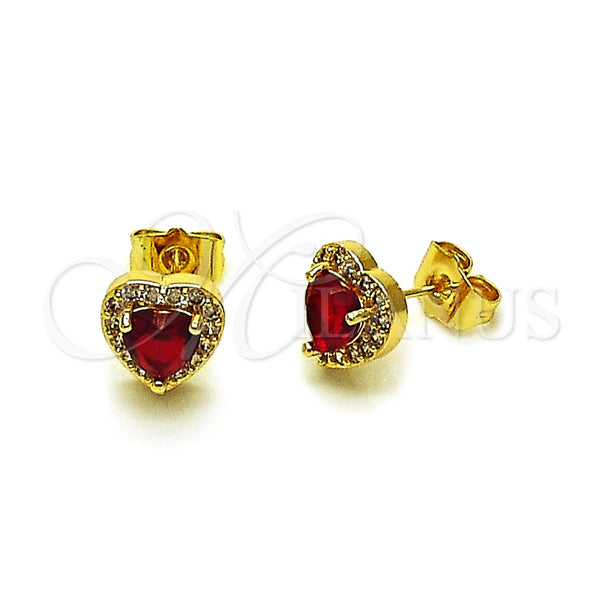 Oro Laminado Stud Earring, Gold Filled Style Heart and Cluster Design, with Garnet Cubic Zirconia and White Micro Pave, Polished, Golden Finish, 02.283.0091.1