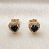 Oro Laminado Stud Earring, Gold Filled Style Heart and Cluster Design, with Black Cubic Zirconia and White Micro Pave, Polished, Golden Finish, 02.283.0091.2