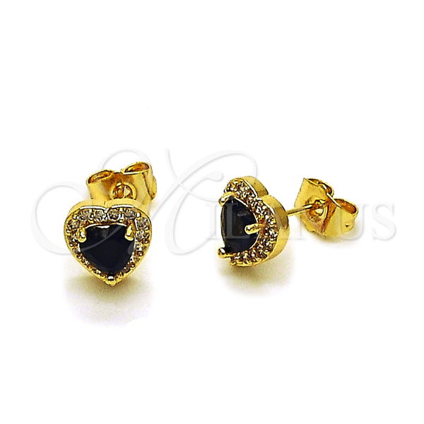 Oro Laminado Stud Earring, Gold Filled Style Heart and Cluster Design, with Black Cubic Zirconia and White Micro Pave, Polished, Golden Finish, 02.283.0091.2