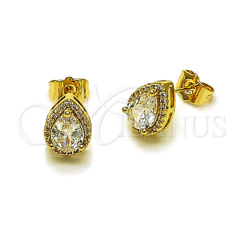 Oro Laminado Stud Earring, Gold Filled Style Teardrop and Cluster Design, with White Cubic Zirconia and White Micro Pave, Polished, Golden Finish, 02.283.0307