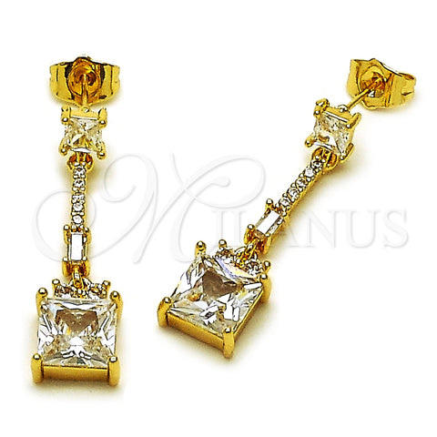 Oro Laminado Long Earring, Gold Filled Style Baguette Design, with White Cubic Zirconia and White Micro Pave, Polished, Golden Finish, 02.283.0313