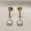 Oro Laminado Long Earring, Gold Filled Style Teardrop and Cluster Design, with White Cubic Zirconia and White Micro Pave, Polished, Golden Finish, 02.283.0314