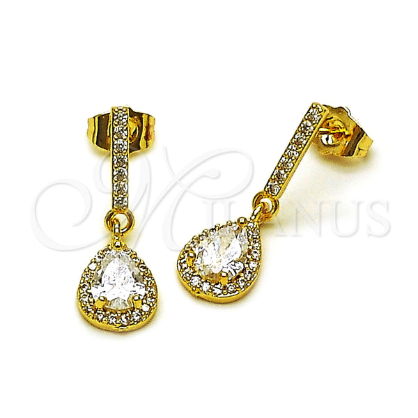 Oro Laminado Long Earring, Gold Filled Style Teardrop and Cluster Design, with White Cubic Zirconia and White Micro Pave, Polished, Golden Finish, 02.283.0314