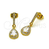 Oro Laminado Long Earring, Gold Filled Style Teardrop and Cluster Design, with White Cubic Zirconia and White Micro Pave, Polished, Golden Finish, 02.283.0314