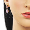 Oro Laminado Dangle Earring, Gold Filled Style Teardrop and Cluster Design, with Pink Cubic Zirconia and White Micro Pave, Polished, Golden Finish, 02.283.0315