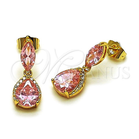 Oro Laminado Dangle Earring, Gold Filled Style Teardrop and Cluster Design, with Pink Cubic Zirconia and White Micro Pave, Polished, Golden Finish, 02.283.0315