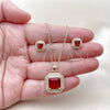 Oro Laminado Earring and Pendant Adult Set, Gold Filled Style Cluster Design, with Garnet Cubic Zirconia and White Micro Pave, Polished, Golden Finish, 10.438.0001