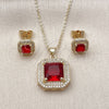 Oro Laminado Earring and Pendant Adult Set, Gold Filled Style Cluster Design, with Garnet Cubic Zirconia and White Micro Pave, Polished, Golden Finish, 10.438.0001