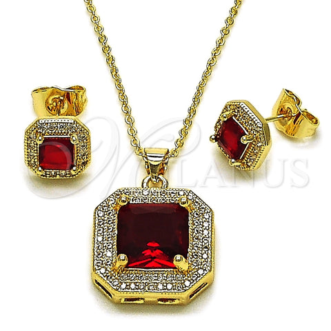 Oro Laminado Earring and Pendant Adult Set, Gold Filled Style Cluster Design, with Garnet Cubic Zirconia and White Micro Pave, Polished, Golden Finish, 10.438.0001