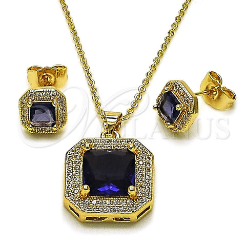 Oro Laminado Earring and Pendant Adult Set, Gold Filled Style Cluster Design, with Amethyst Cubic Zirconia and White Micro Pave, Polished, Golden Finish, 10.438.0001.4