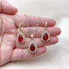 Oro Laminado Earring and Pendant Adult Set, Gold Filled Style Teardrop and Cluster Design, with Garnet and White Cubic Zirconia, Polished, Golden Finish, 10.438.0002
