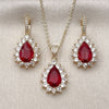 Oro Laminado Earring and Pendant Adult Set, Gold Filled Style Teardrop and Cluster Design, with Garnet and White Cubic Zirconia, Polished, Golden Finish, 10.438.0002