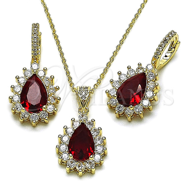 Oro Laminado Earring and Pendant Adult Set, Gold Filled Style Teardrop and Cluster Design, with Garnet and White Cubic Zirconia, Polished, Golden Finish, 10.438.0002