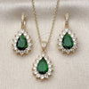 Oro Laminado Earring and Pendant Adult Set, Gold Filled Style Teardrop and Cluster Design, with Green and White Cubic Zirconia, Polished, Golden Finish, 10.438.0002.1