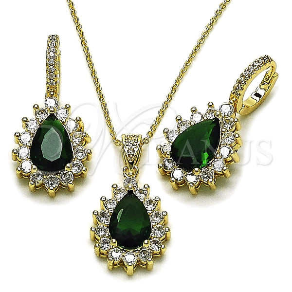 Oro Laminado Earring and Pendant Adult Set, Gold Filled Style Teardrop and Cluster Design, with Green and White Cubic Zirconia, Polished, Golden Finish, 10.438.0002.1